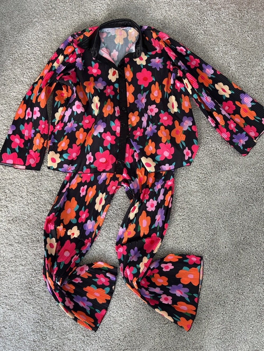 Vibrant Floral Two-Piece Set — Black Base with Multicolor Flowers
